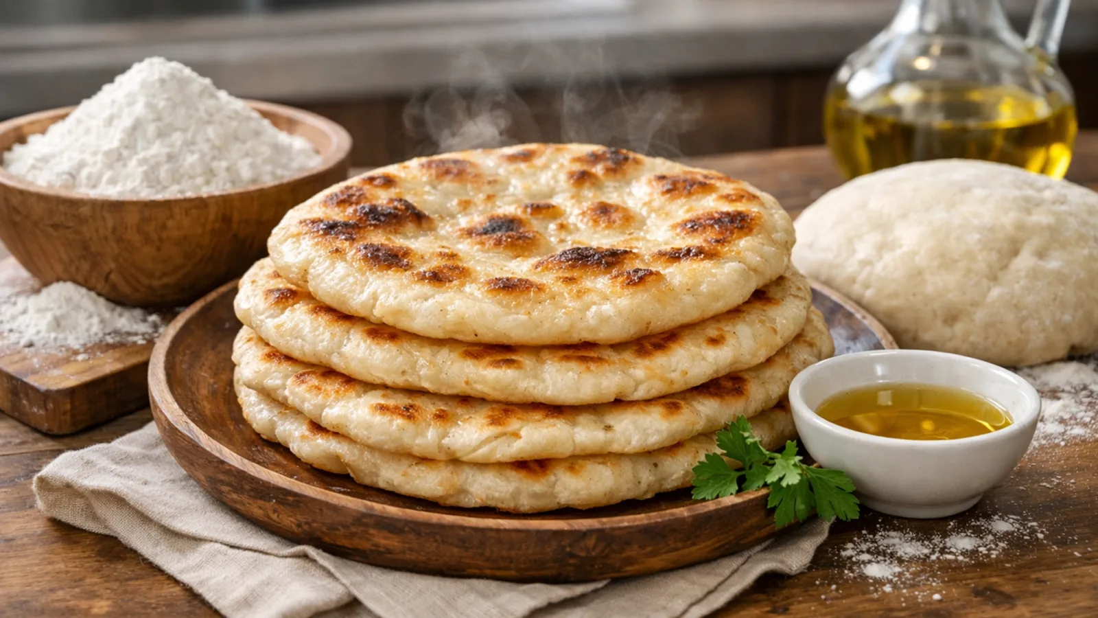 Фото блюда: Лепешки из пресного теста на сковороде румяные