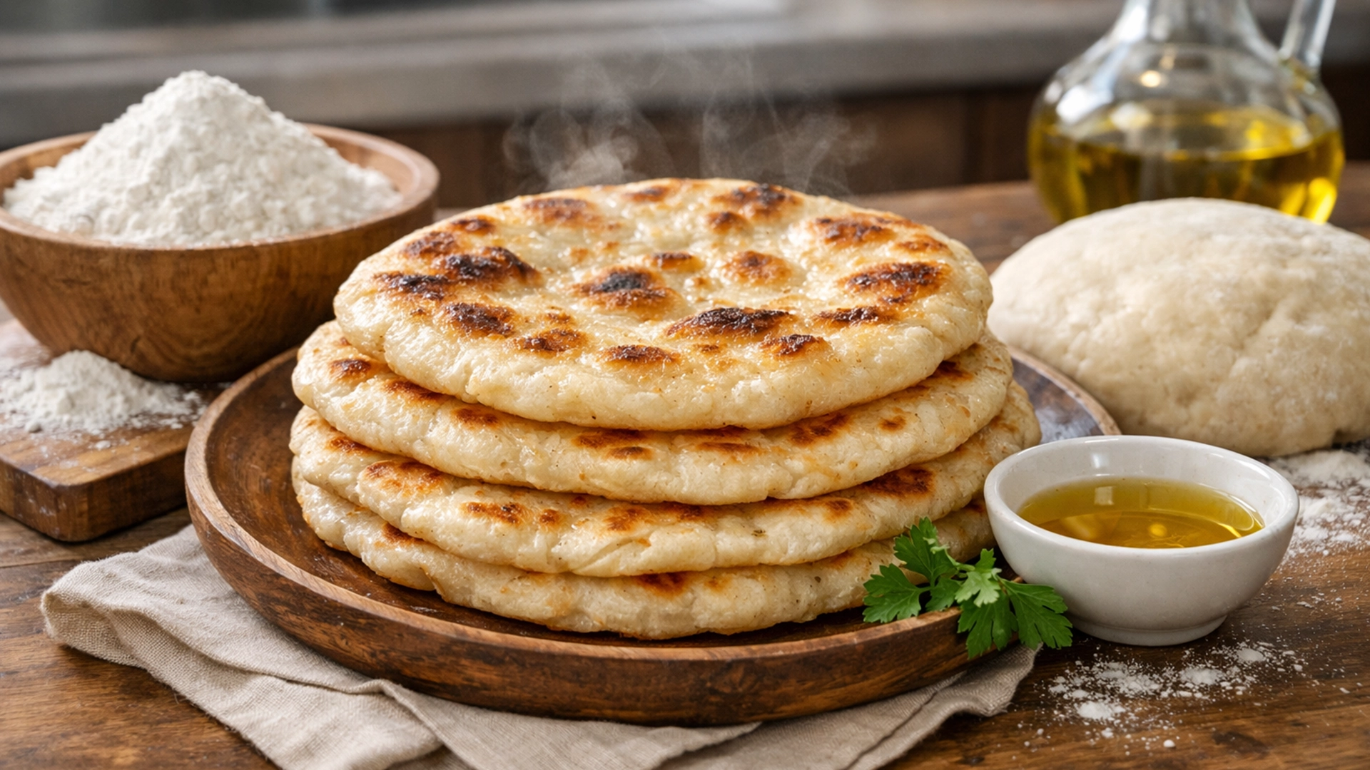 Фото блюда: Лепешки из пресного теста на сковороде румяные