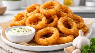 Фото рецепта: Луковые кольца с чесночным соусом