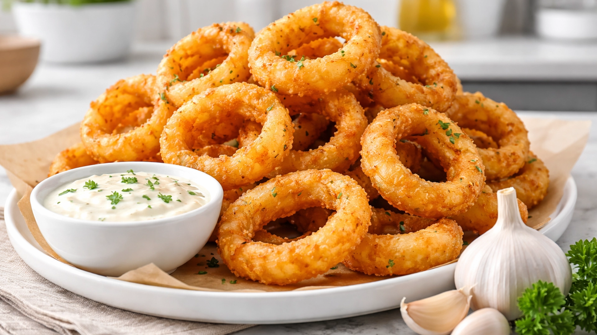 Фото блюда: Луковые кольца с чесночным соусом