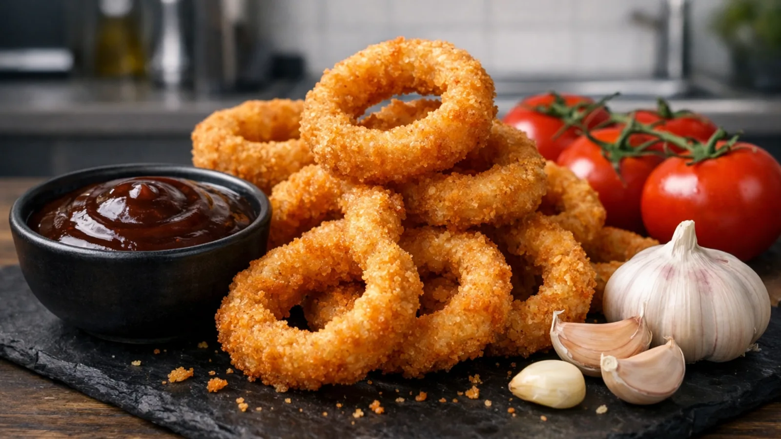 Фото блюда: Луковые кольца с соусом барбекю, рецепт с фото