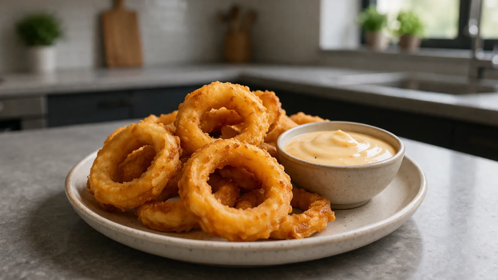 Фото блюда: Луковые кольца с сырным соусом, рецепт с фото