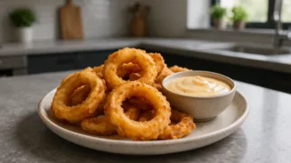 Фото рецепта: Луковые кольца с сырным соусом