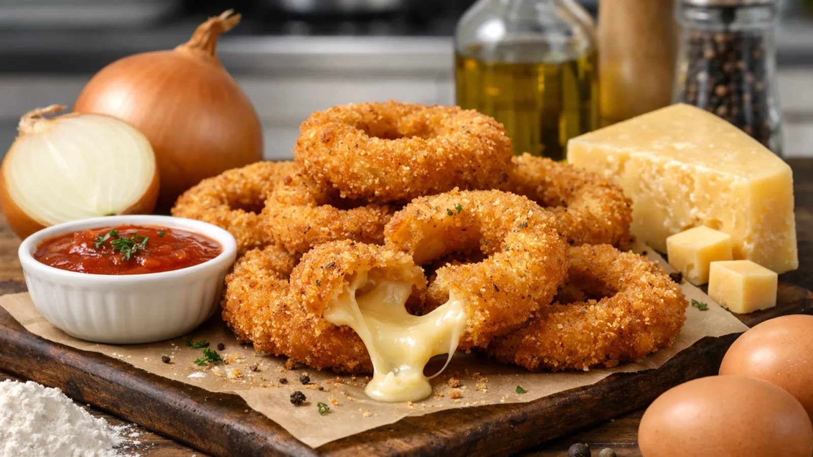 Фото блюда: Луковые кольца с сыром, рецепт с фото