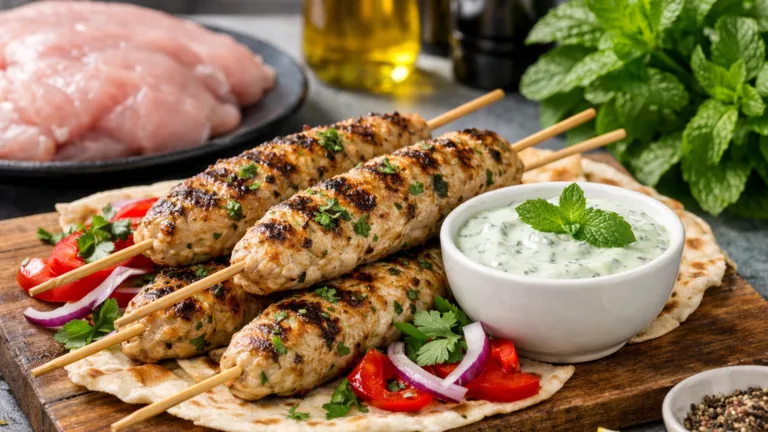 Фото блюда: Сочный люля кебаб из индейки с мятным соусом