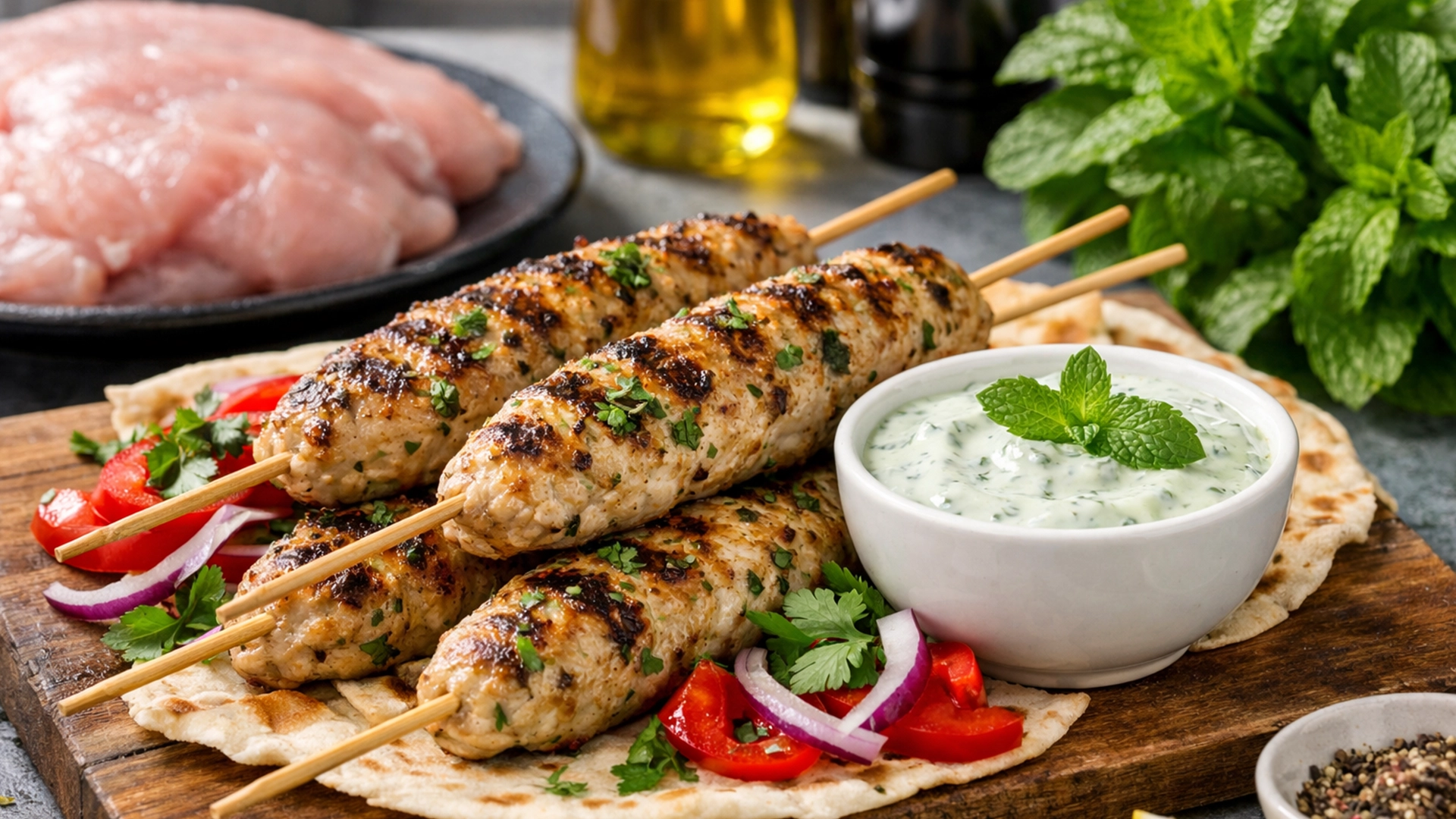 Фото блюда: Сочный люля кебаб из индейки с мятным соусом