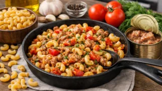 Фото рецепта: Макароны рожки с тушенкой из свинины томатами и зеленью на сковороде