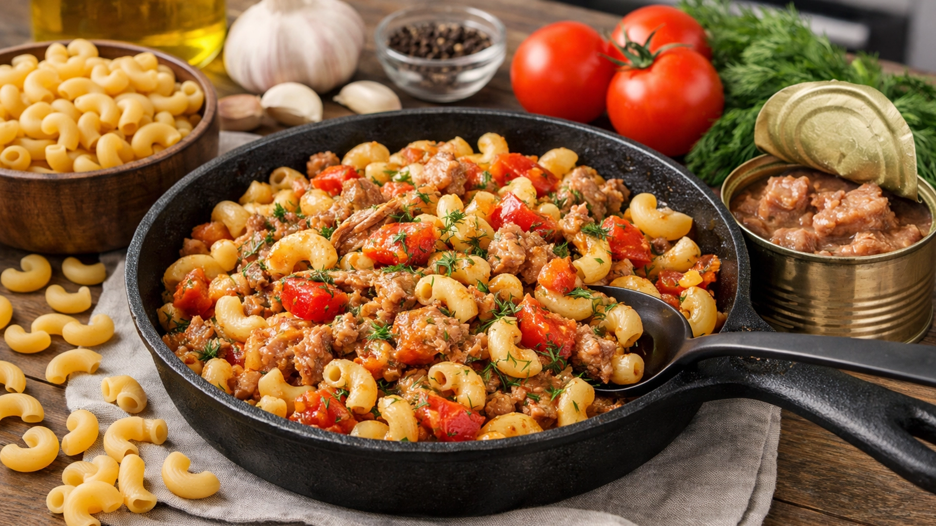 Фото блюда: Макароны рожки с тушенкой из свинины томатами и зеленью на сковороде