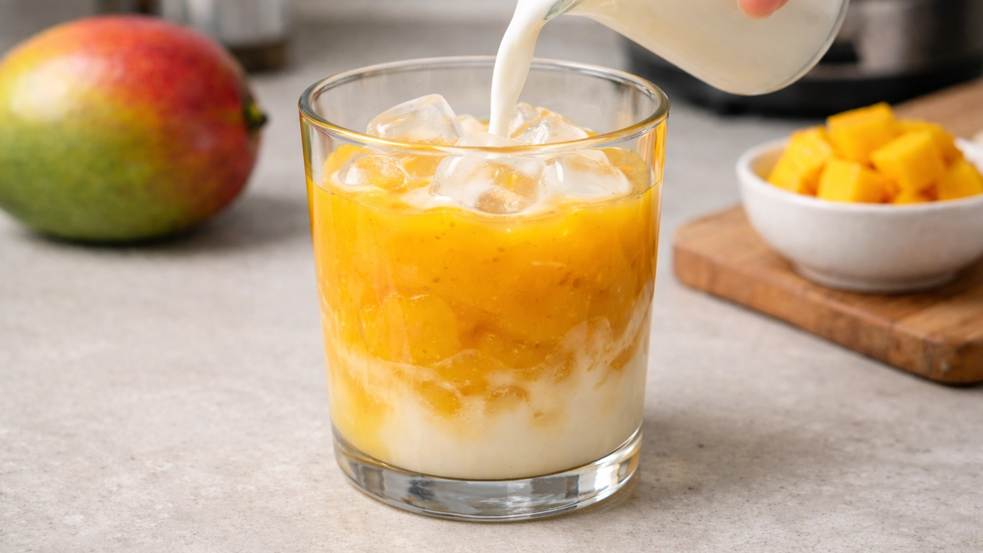 добавление молока в стакан с манговым пюре