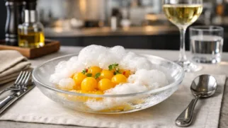 Фото рецепта: Манговая икра с кокосовой пеной рецепт молекулярной кухни