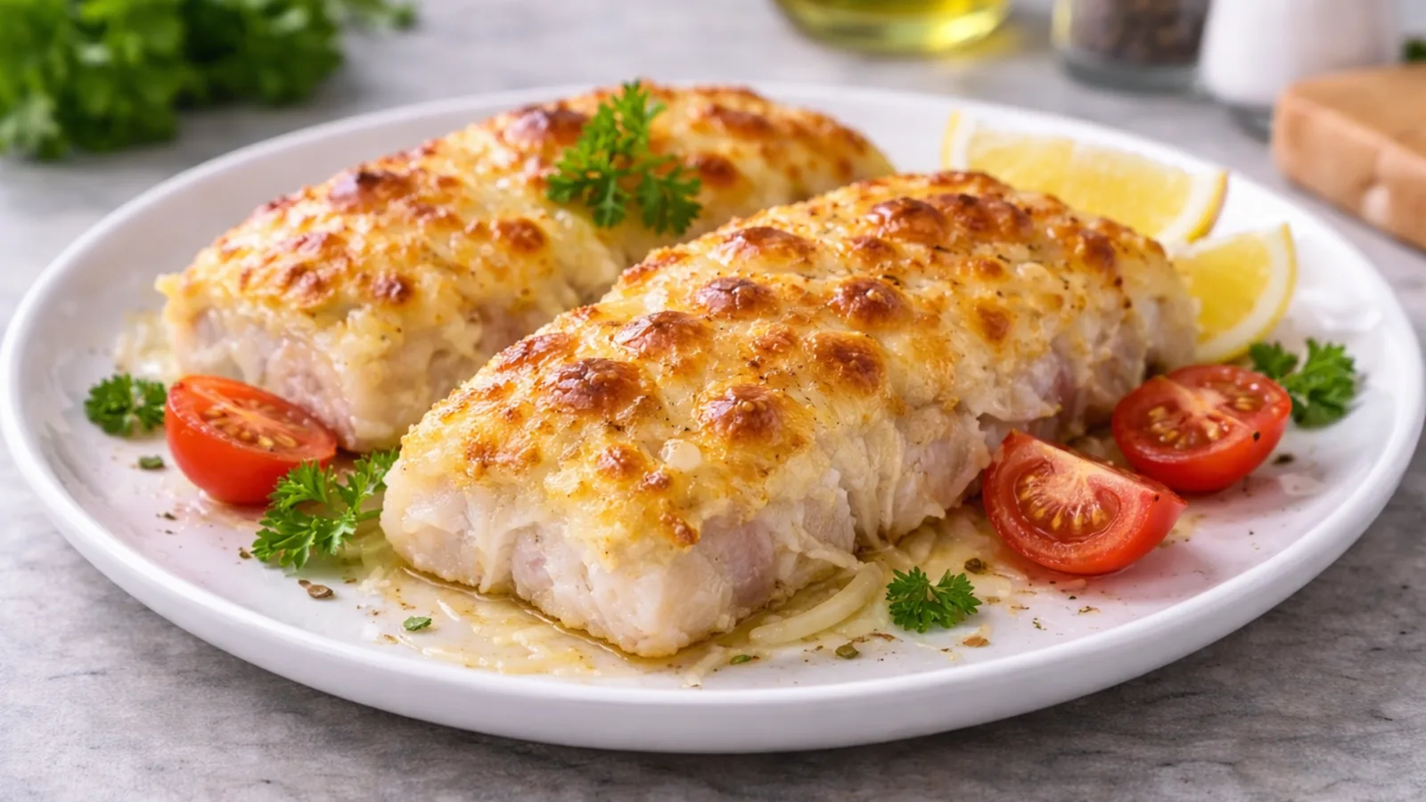 Фото блюда: Сочный минтай запечённый с помидорами и сыром в духовке