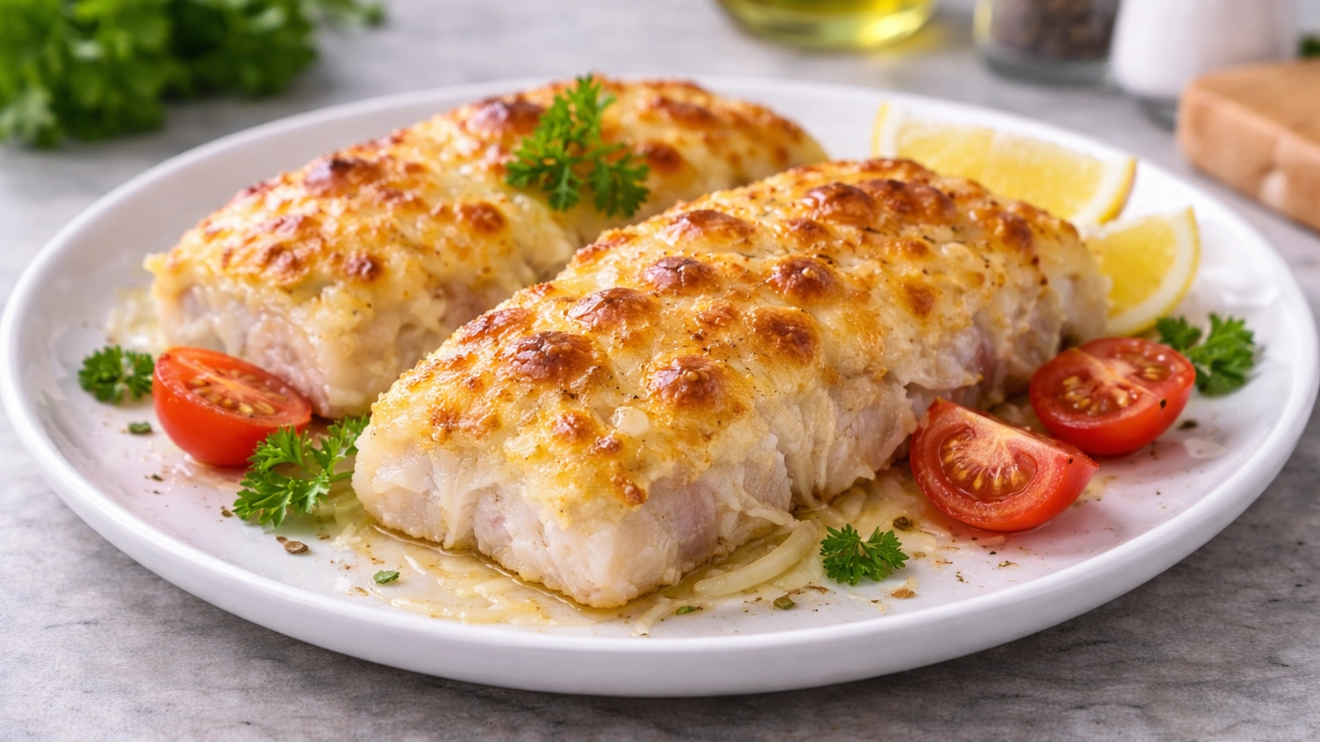 Фото блюда: Сочный минтай запечённый с помидорами и сыром в духовке