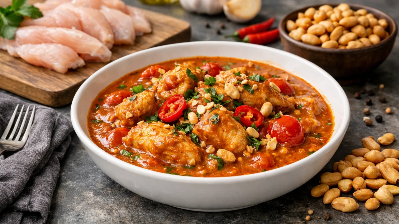 Фото блюда: Ароматная моамбе курица в густом арахисовом соусе