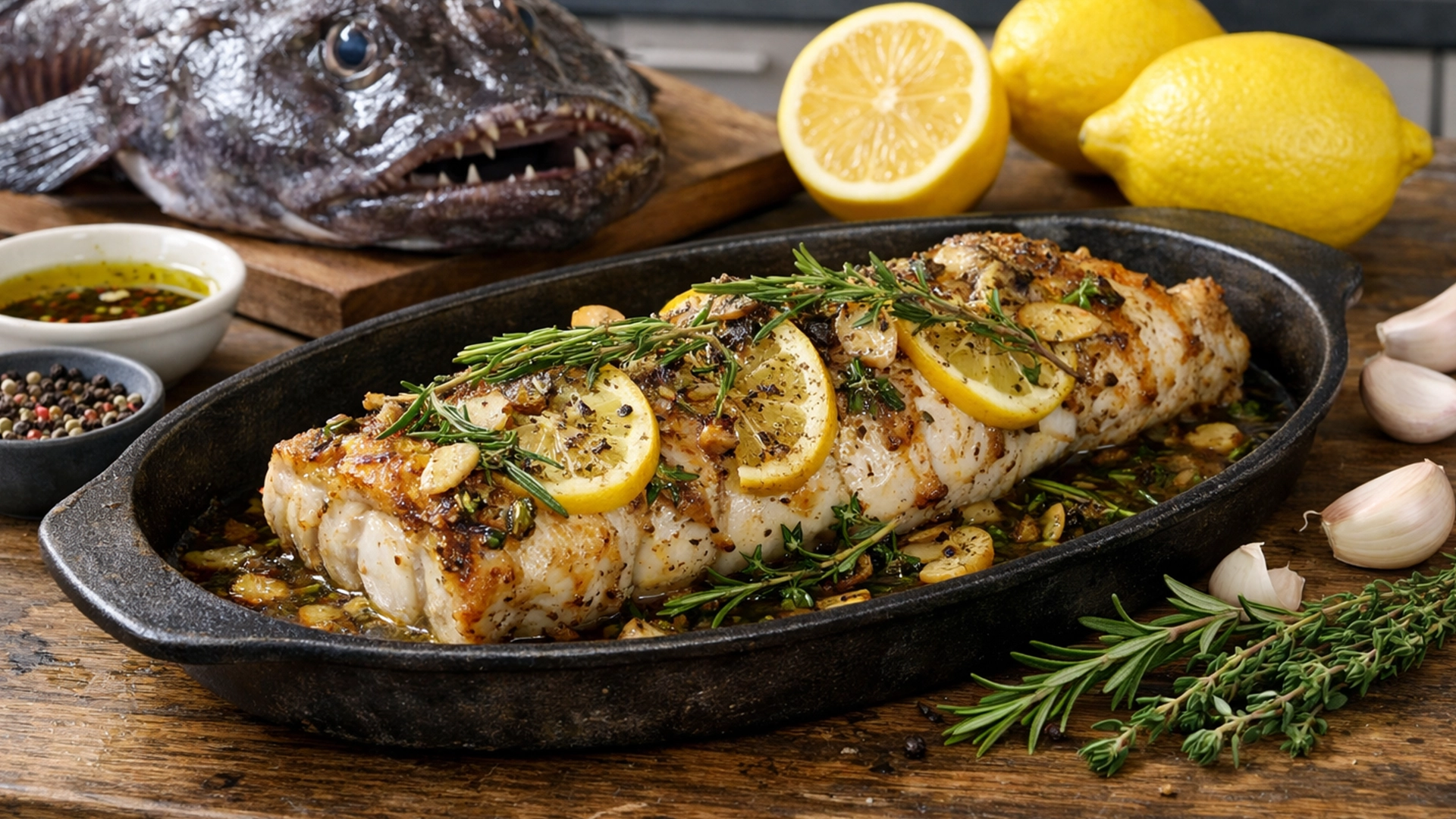 Фото блюда: Нежный морской чёрт запечённый с лимоном и ароматными травами