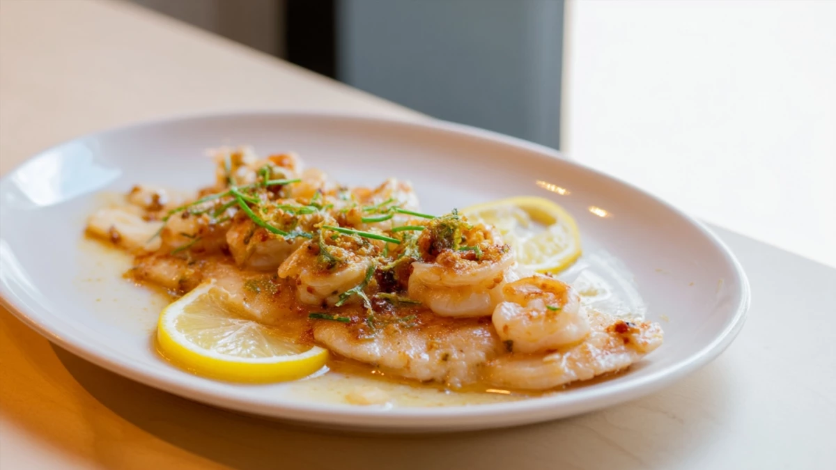 Фото блюда: Морской язык с креветками – нежность рыбы с креветками и чесночным маслом