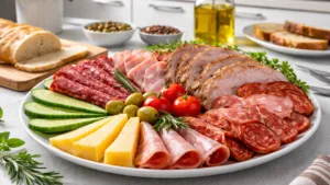 Фото блюда: Разнообразная мясная тарелка с насыщенным вкусом и красивой подачей.