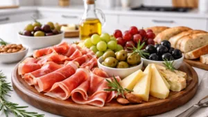Фото блюда: Изысканная мясная тарелка с хамоном и яркими дополнениями.