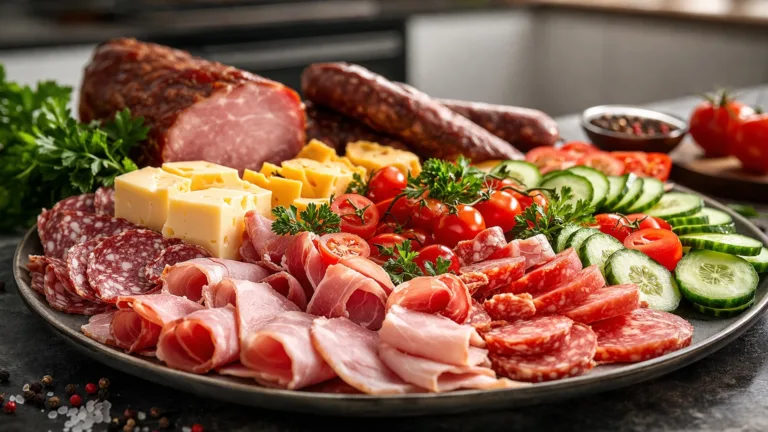 Фото рецепта: Мясная тарелка с колбасами и ветчиной