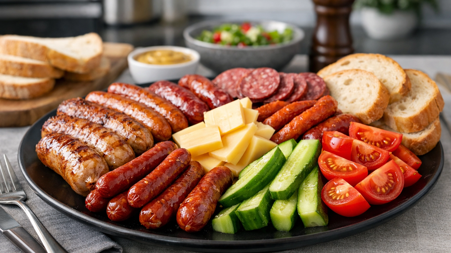 Фото блюда: Сытная мясная тарелка с ароматными колбасками и свежими дополнениями.