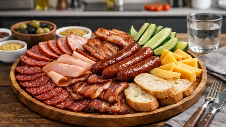 Фото блюда: Аппетитная мясная тарелка с насыщенным ароматом копченых продуктов.