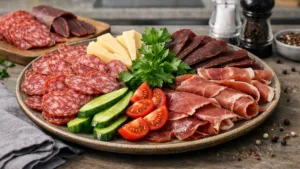 Фото блюда: Мясная тарелка с салями и бастурмой