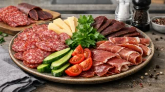 Фото рецепта: Мясная тарелка с салями и бастурмой