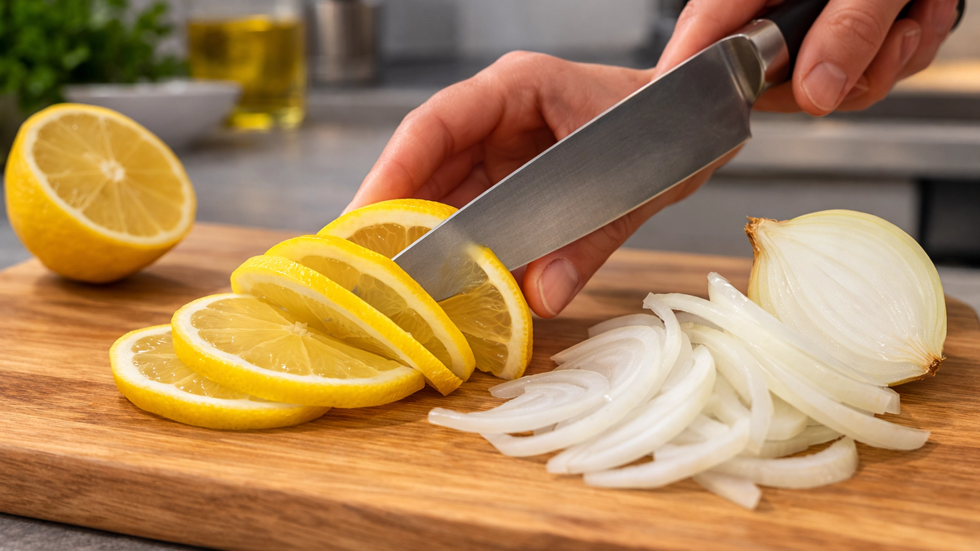 Нарезка лимона и лука