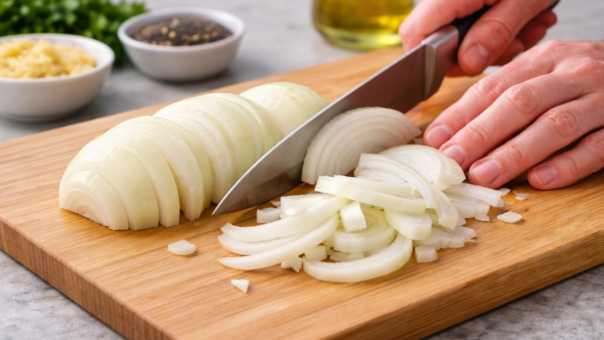 Нарезка помидоров и лука