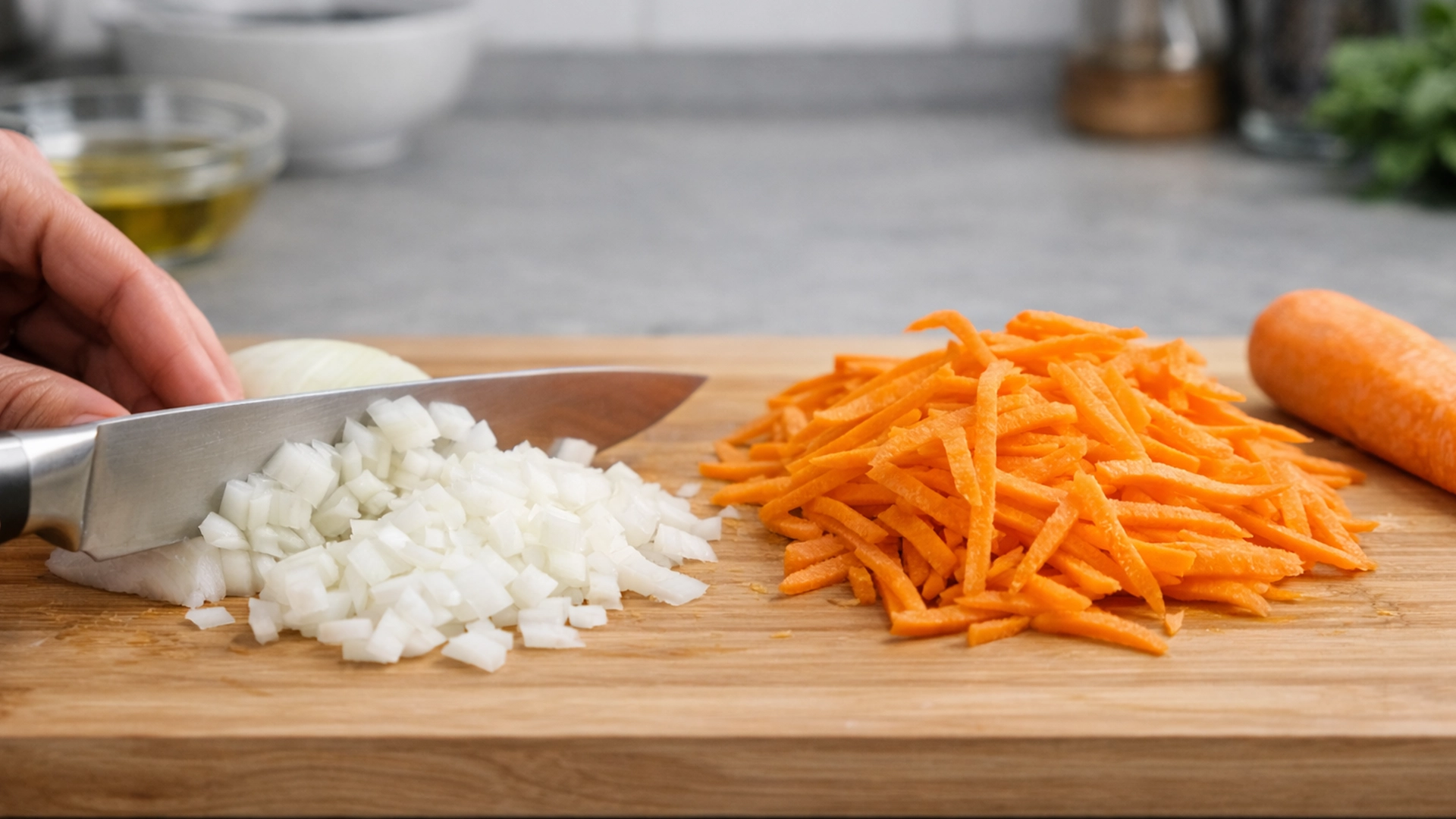 Нарезка лука и моркови для рецепта минтая