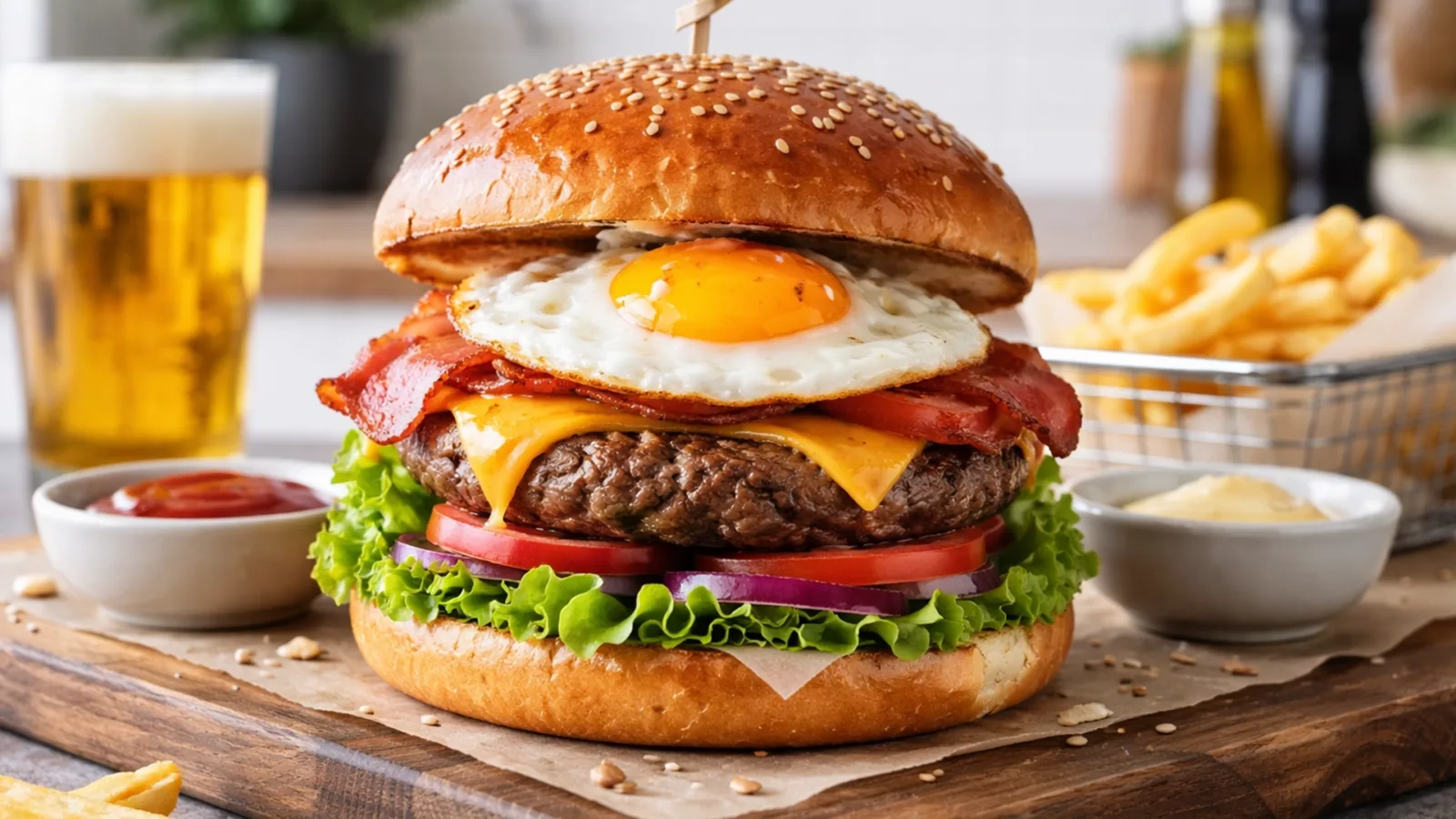 Фото блюда: Новозеландский бургер с говядиной и жареным яйцом, рецепт с фото