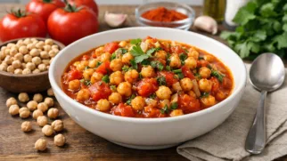 Фото рецепта: Пряный нут тушеный с томатами и кинзой