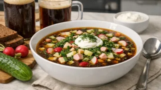 Фото рецепта: Освежающая окрошка на квасе с овощами и яйцом