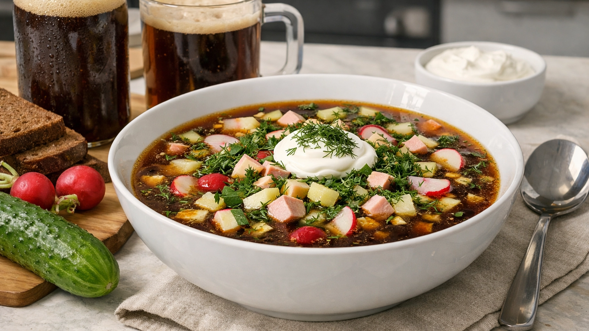 Фото блюда: Освежающая окрошка на квасе с овощами и яйцом