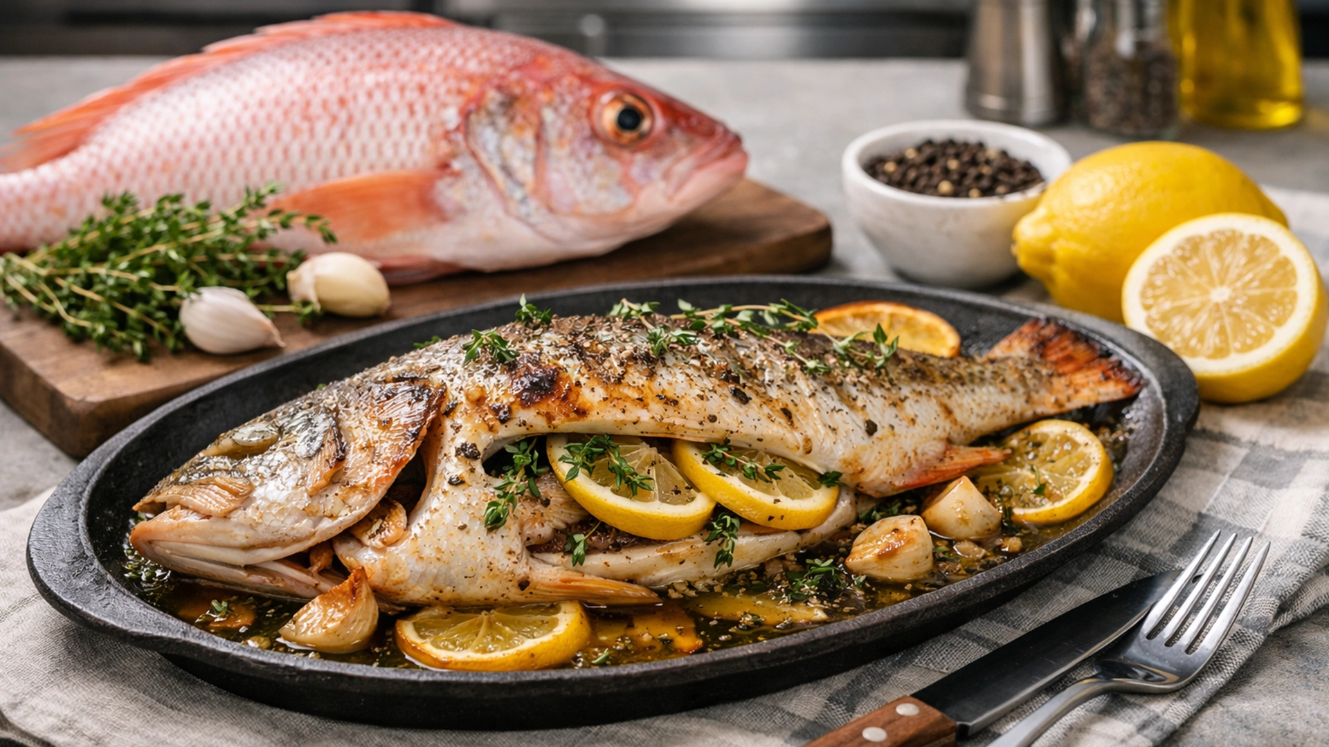 Фото блюда: Речной окунь запеченный с лимоном и зеленью сочный