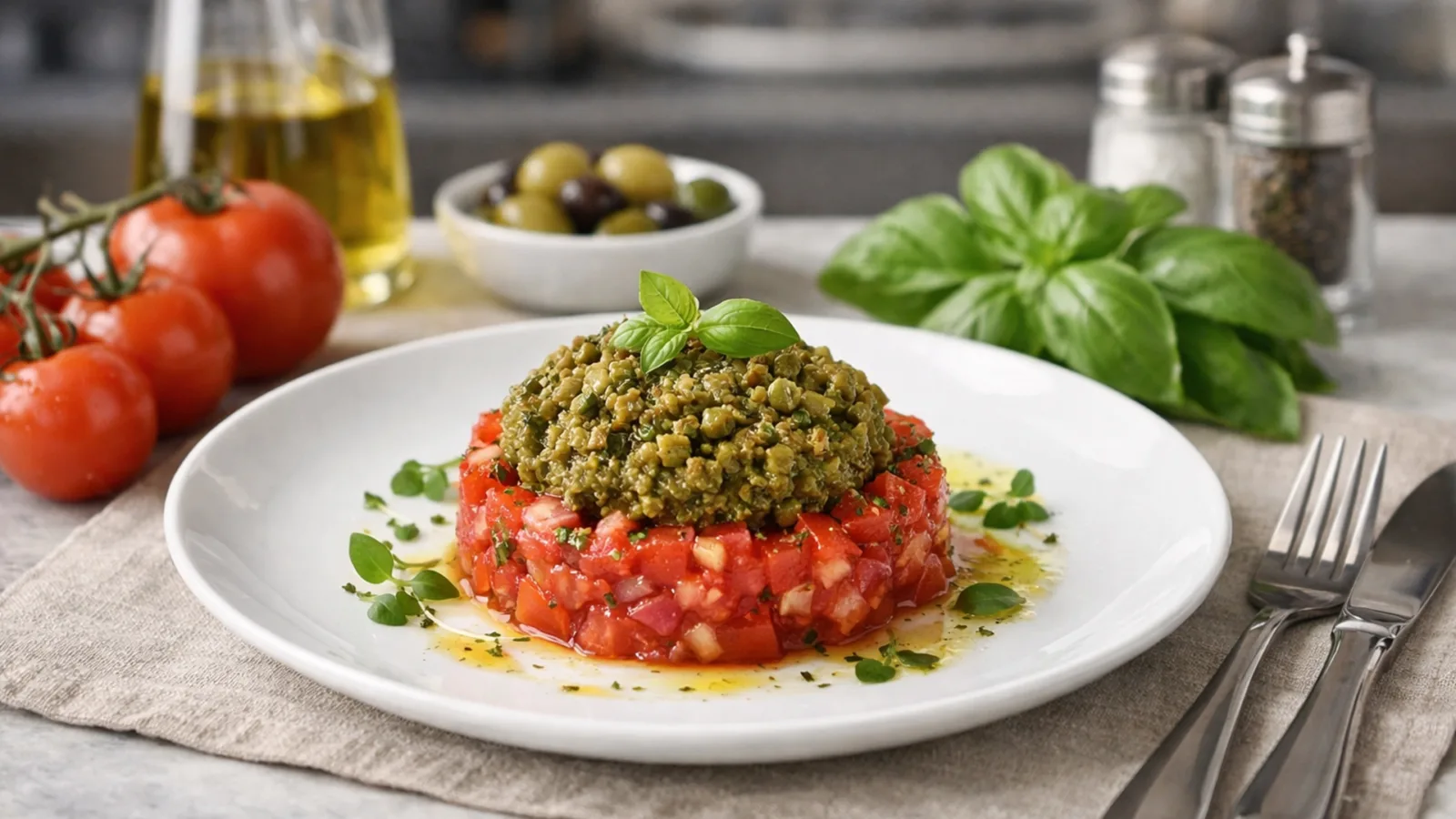 Фото блюда: Оливковая икра с томатным тартаром рецепт блюда молекулярной кухни