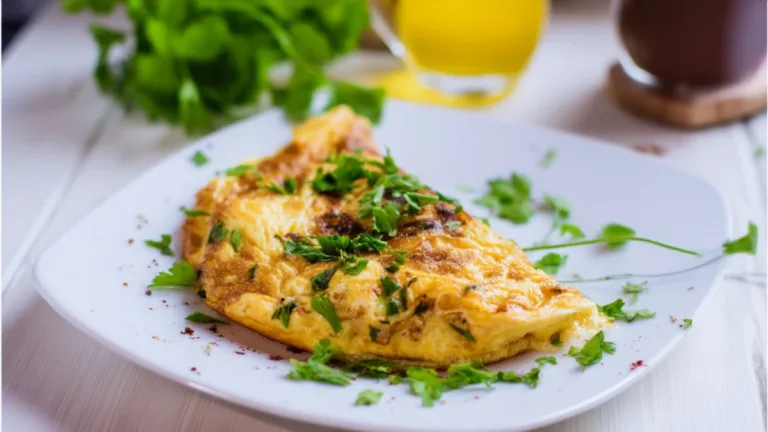 Фото блюда: Воздушный омлет с белым вином и свежей зеленью для легкого завтрака