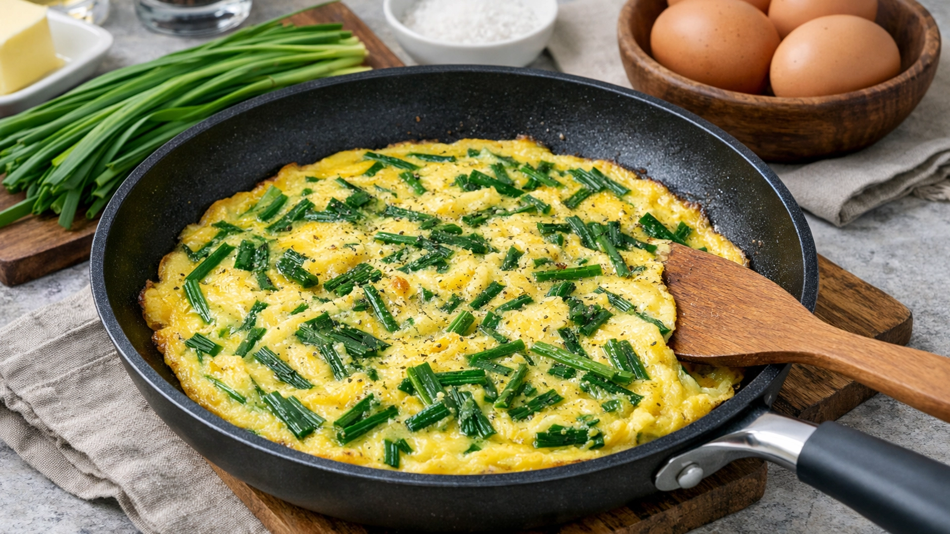 Фото блюда: Пышный омлет с джусаем и яйцами на сковороде