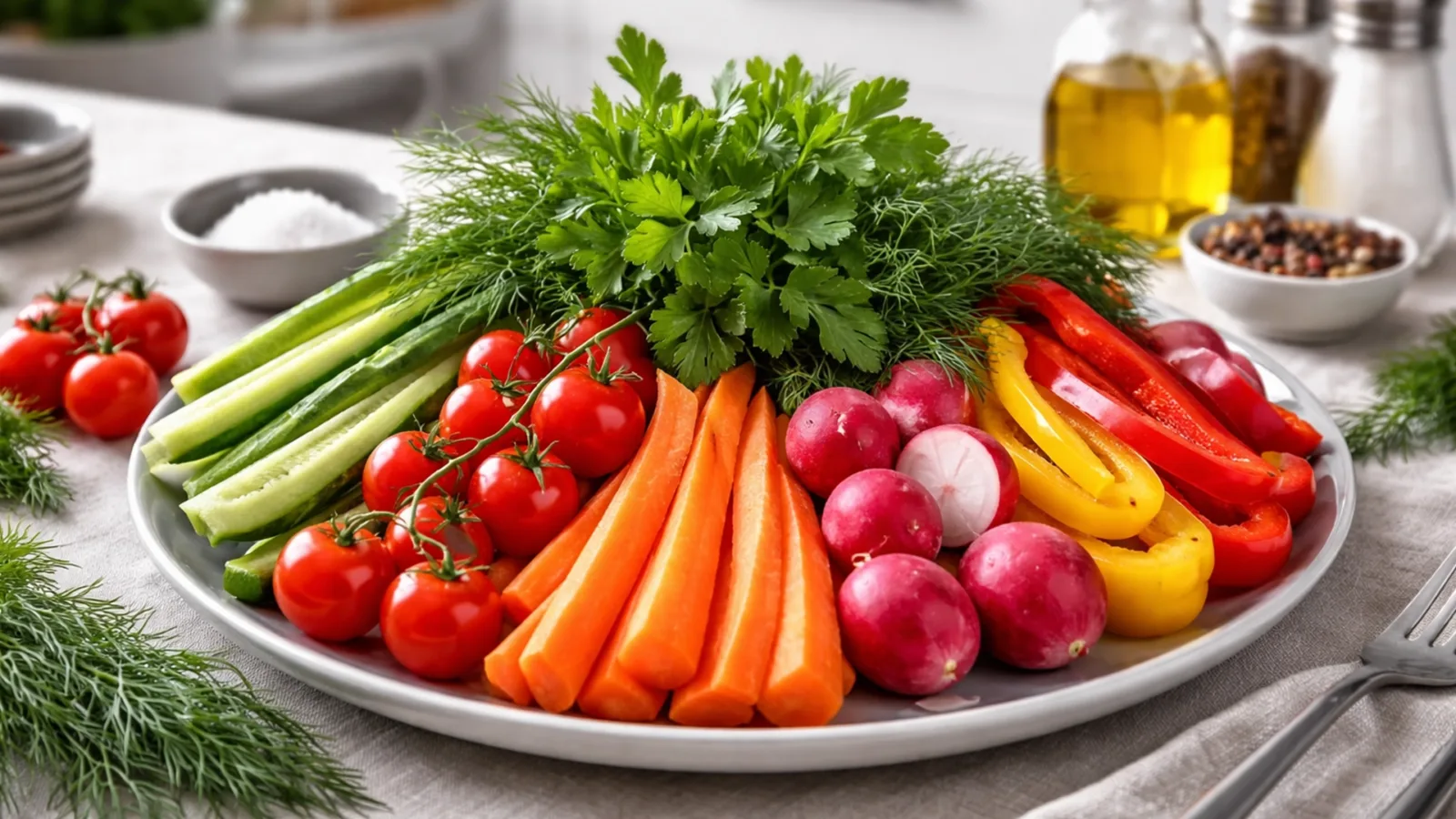 Фото блюда: Овощная тарелка для праздничного стола со свежими овощами и зеленью, рецепт с фото