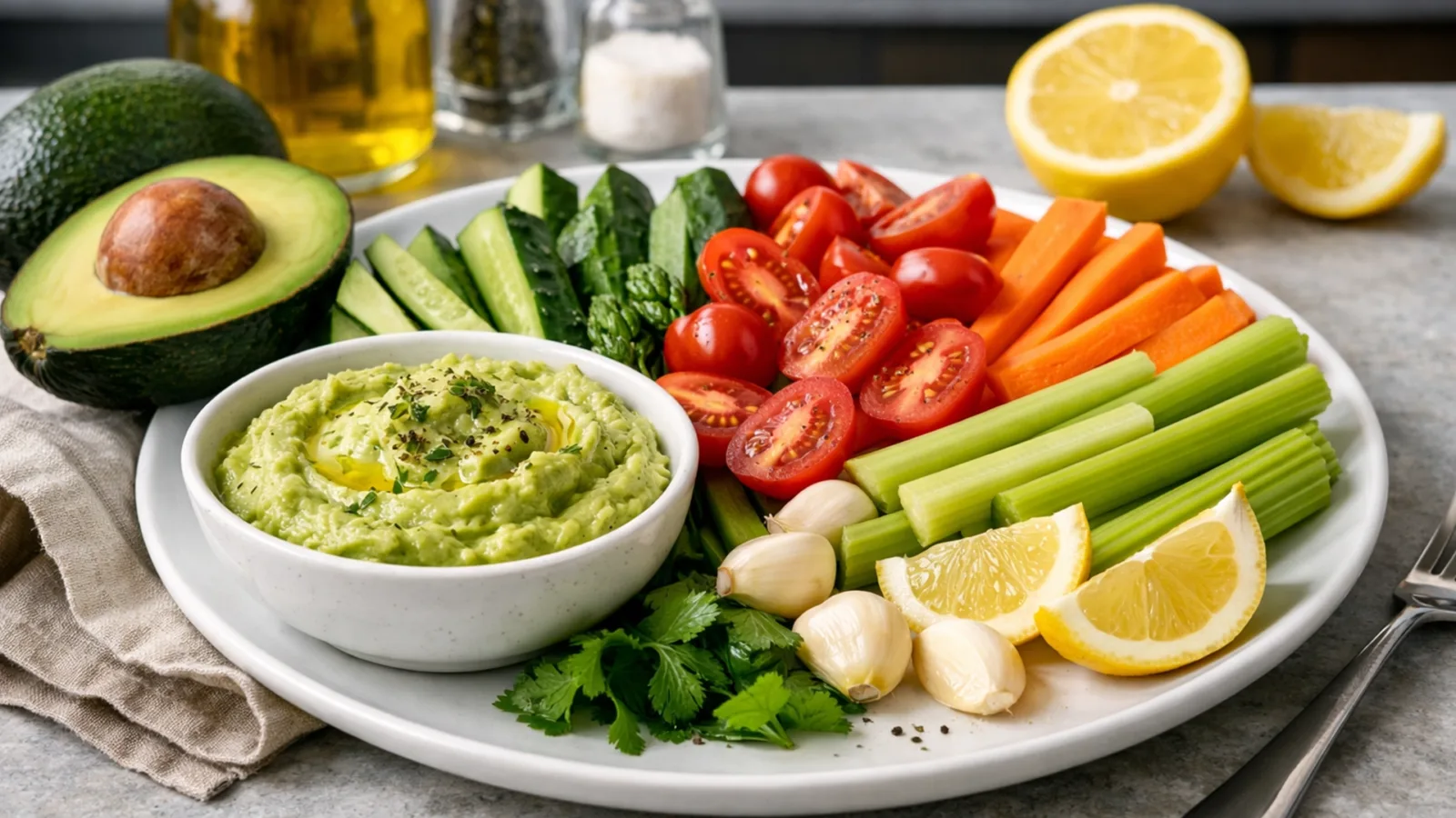 Фото блюда: Овощная тарелка из свежих овощей с соусом из авокадо, рецепт с фото