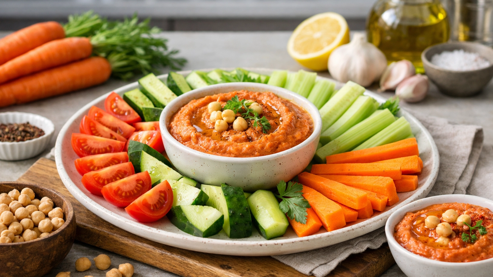 Фото блюда: Овощная тарелка из томатов огурцов сельдерея и моркови с хумусом