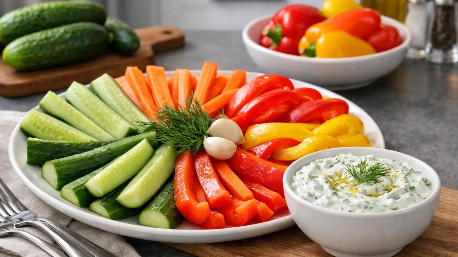 Фото блюда: Овощная тарелка с огурцами сладким перцем морковью и соусом дзадзики