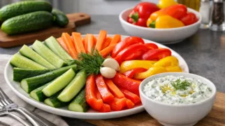 Фото рецепта: Овощная тарелка с огурцами сладким перцем морковью и соусом дзадзики