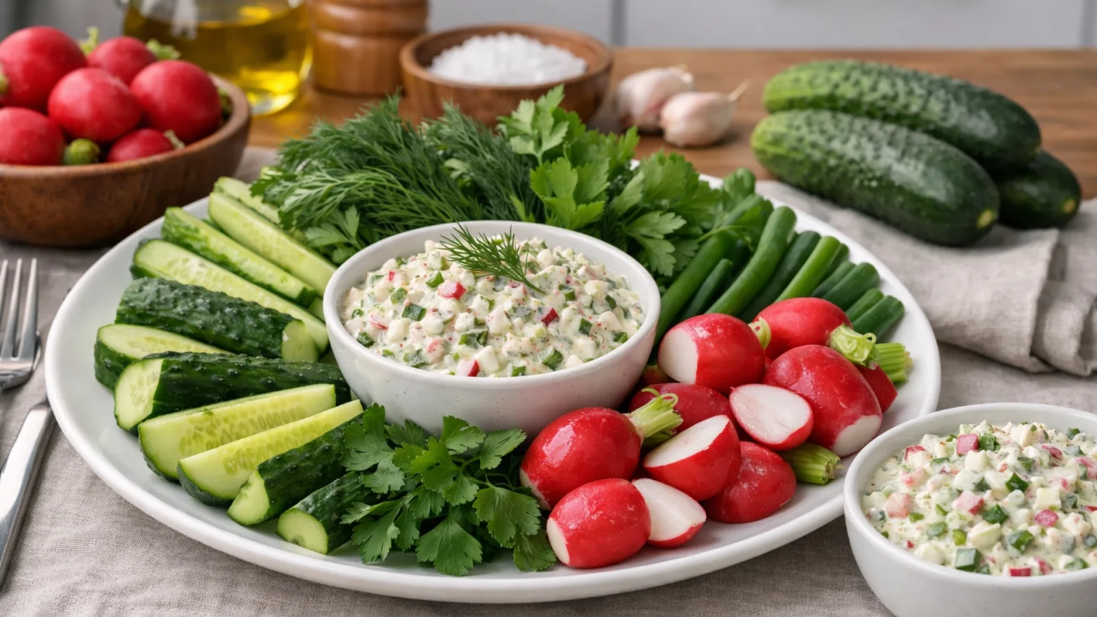 Фото блюда: Овощная тарелка с редисом огурцами и зеленью с соусом тартар