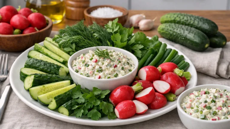 Фото блюда: Овощная тарелка с редисом огурцами и зеленью с соусом тартар