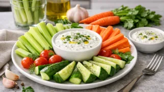 Фото рецепта: Овощная тарелка с сельдереем морковью и огурцами с соусом ранч
