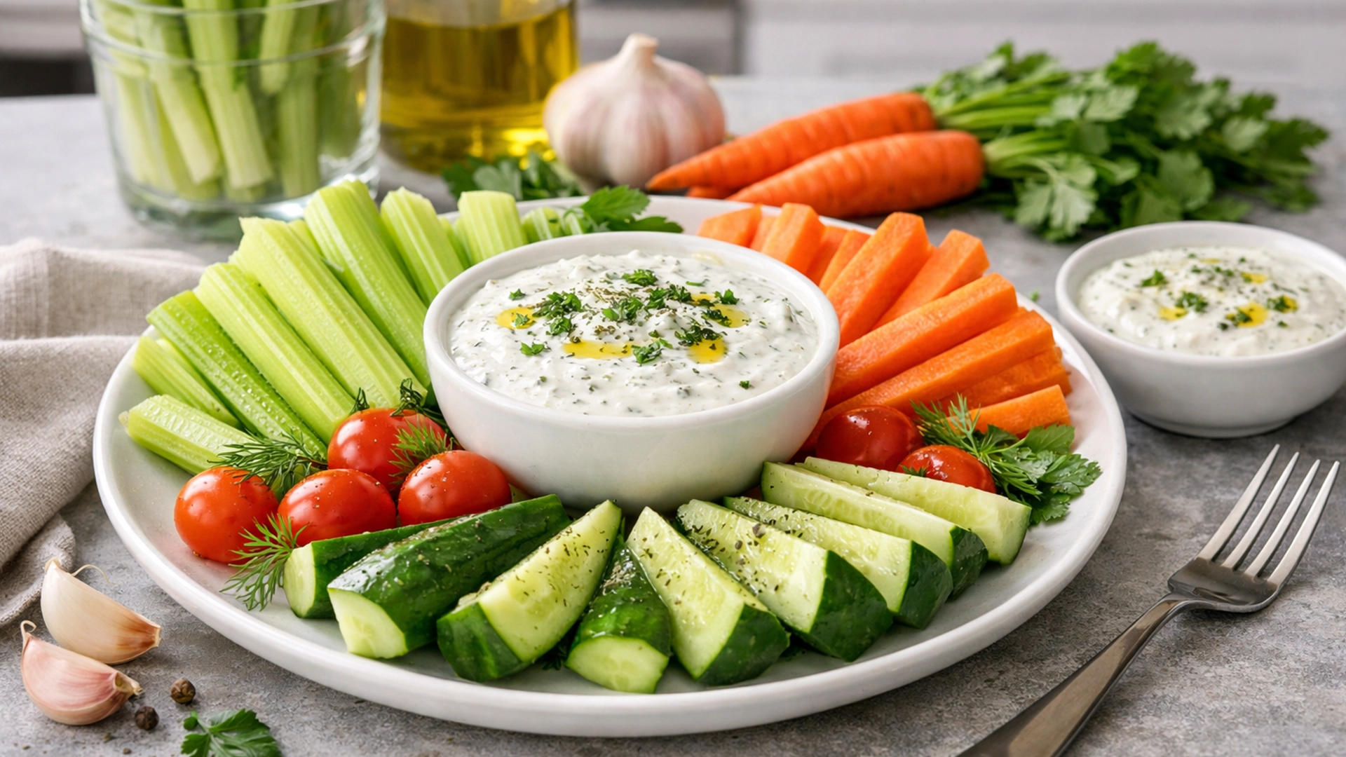 Фото блюда: Овощная тарелка с сельдереем морковью и огурцами с соусом ранч