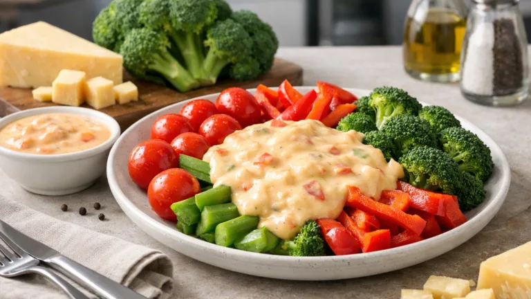 Фото блюда: Овощная тарелка с томатами перцем и брокколи с сырным соусом