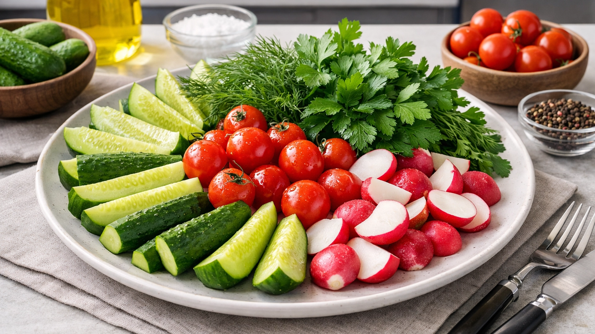 Фото блюда: Овощная тарелка со свежими огурцами томатами черри редисом и зеленью