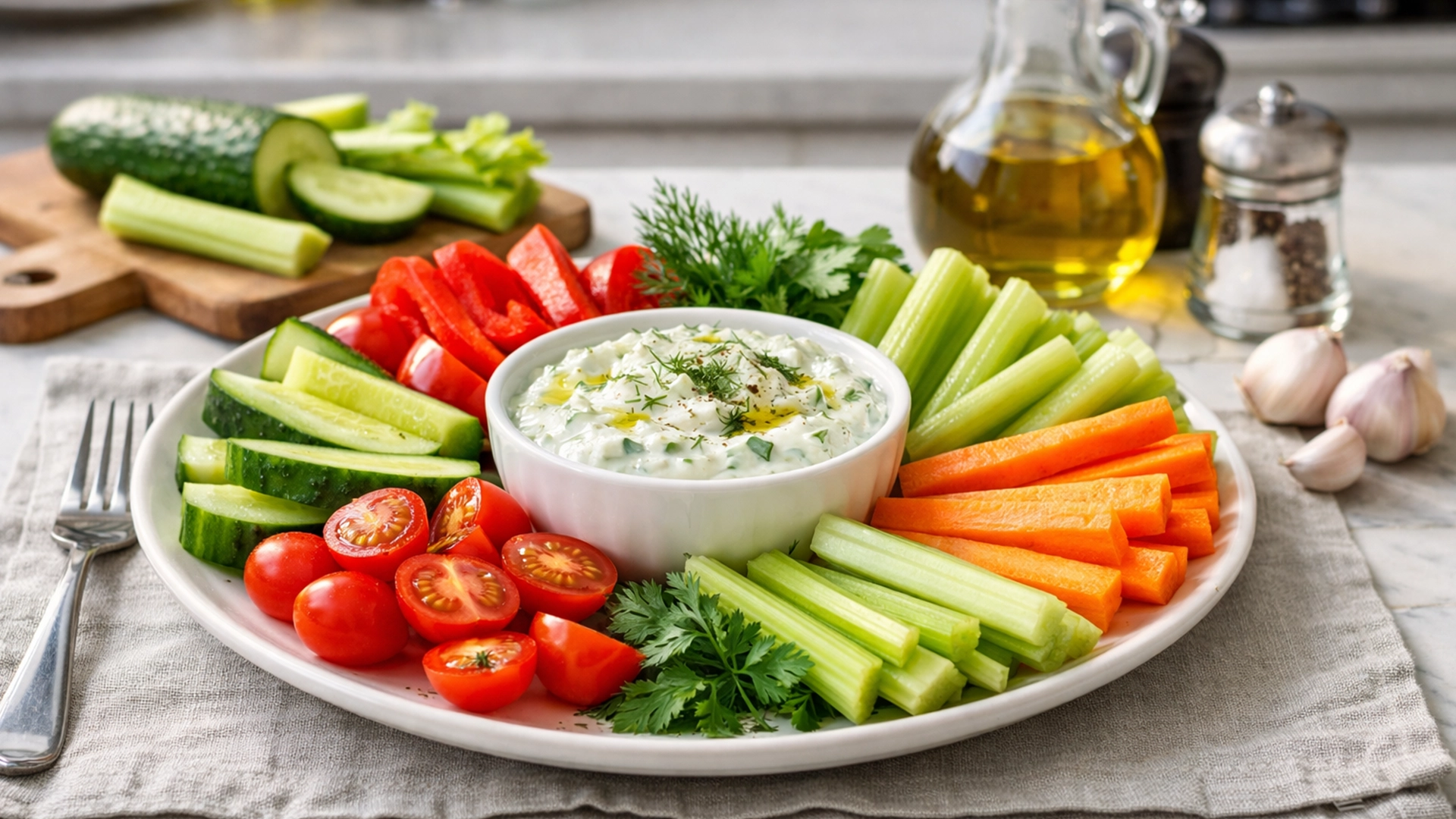 Фото блюда: Овощная тарелка со свежими овощами и чесночным йогуртовым соусом