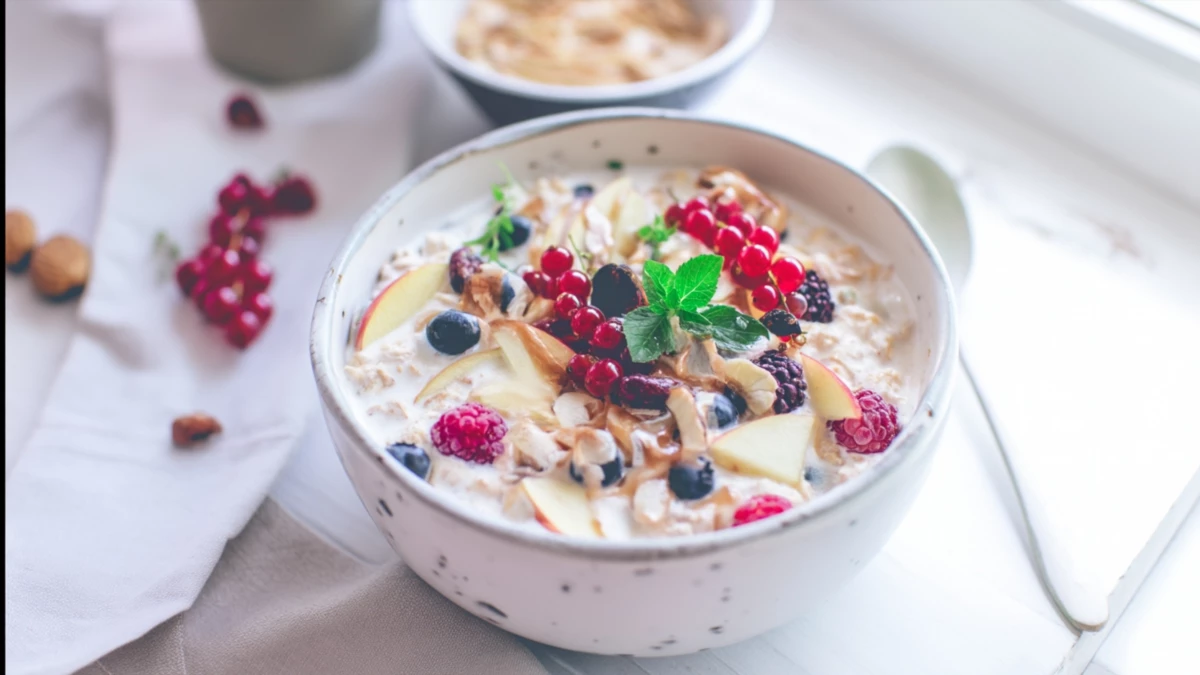 Фото блюда: Вкусный рецепт овсяной каши Бирхер мюсли с яблоками и ягодами, рецепт с фото